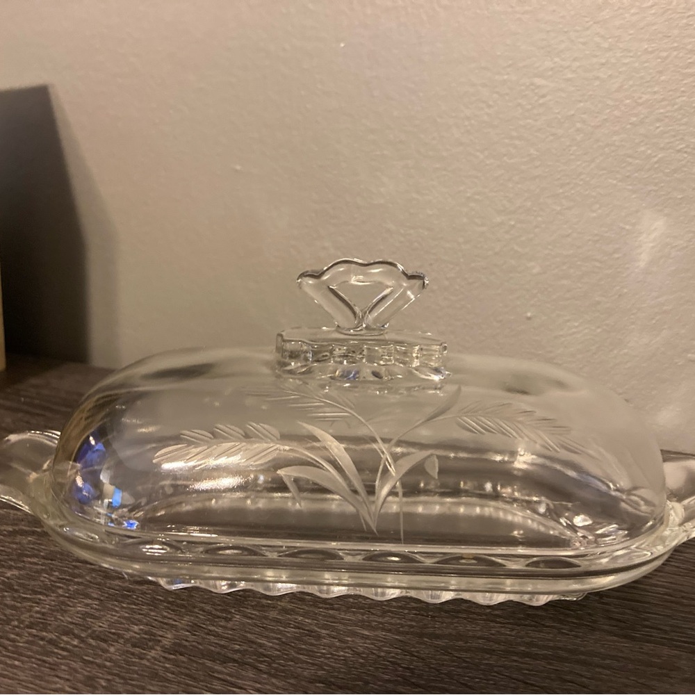 Martinsville's Viking Prelude Line Oval Glass Butter Dish Vintage Wheat Etching.